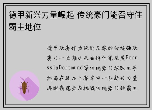 德甲新兴力量崛起 传统豪门能否守住霸主地位