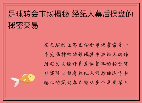 足球转会市场揭秘 经纪人幕后操盘的秘密交易